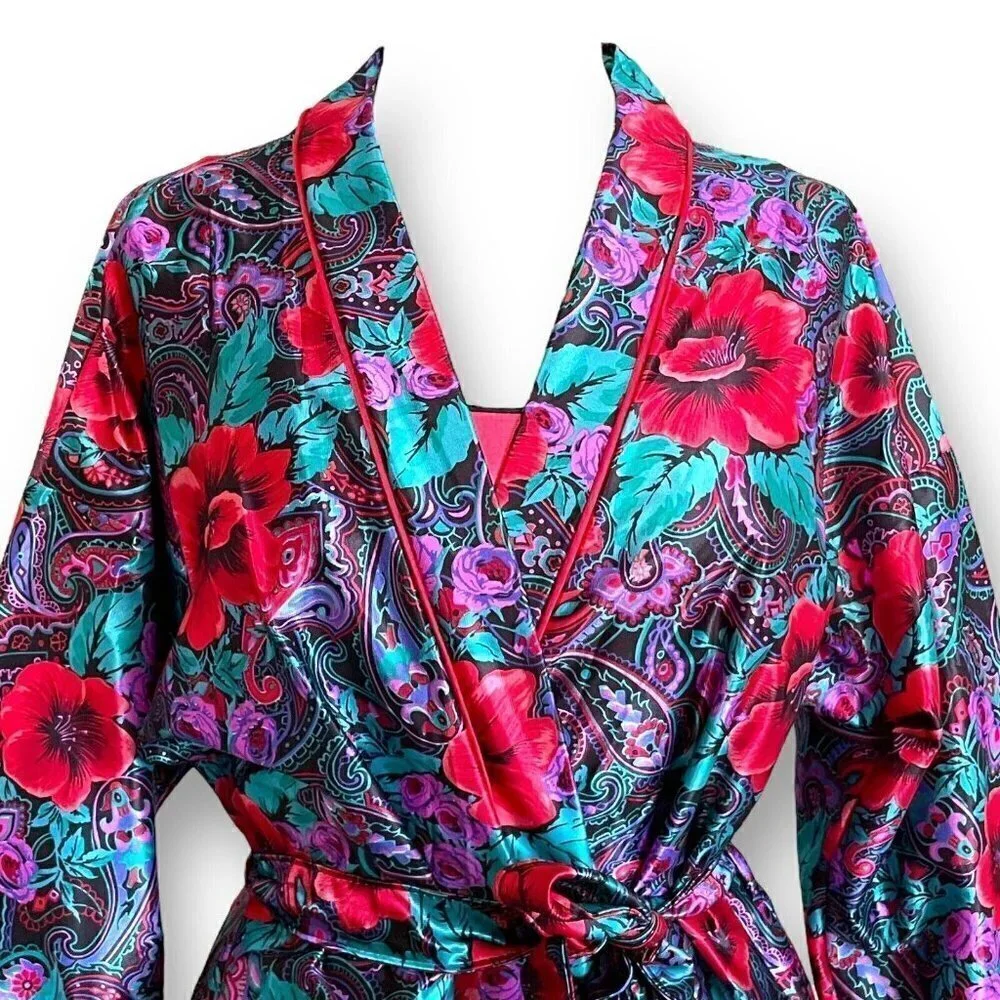 Vintage 1980s Lorraine Robe Nightgown Peignoir Set S M Red Purple Floral Paisley